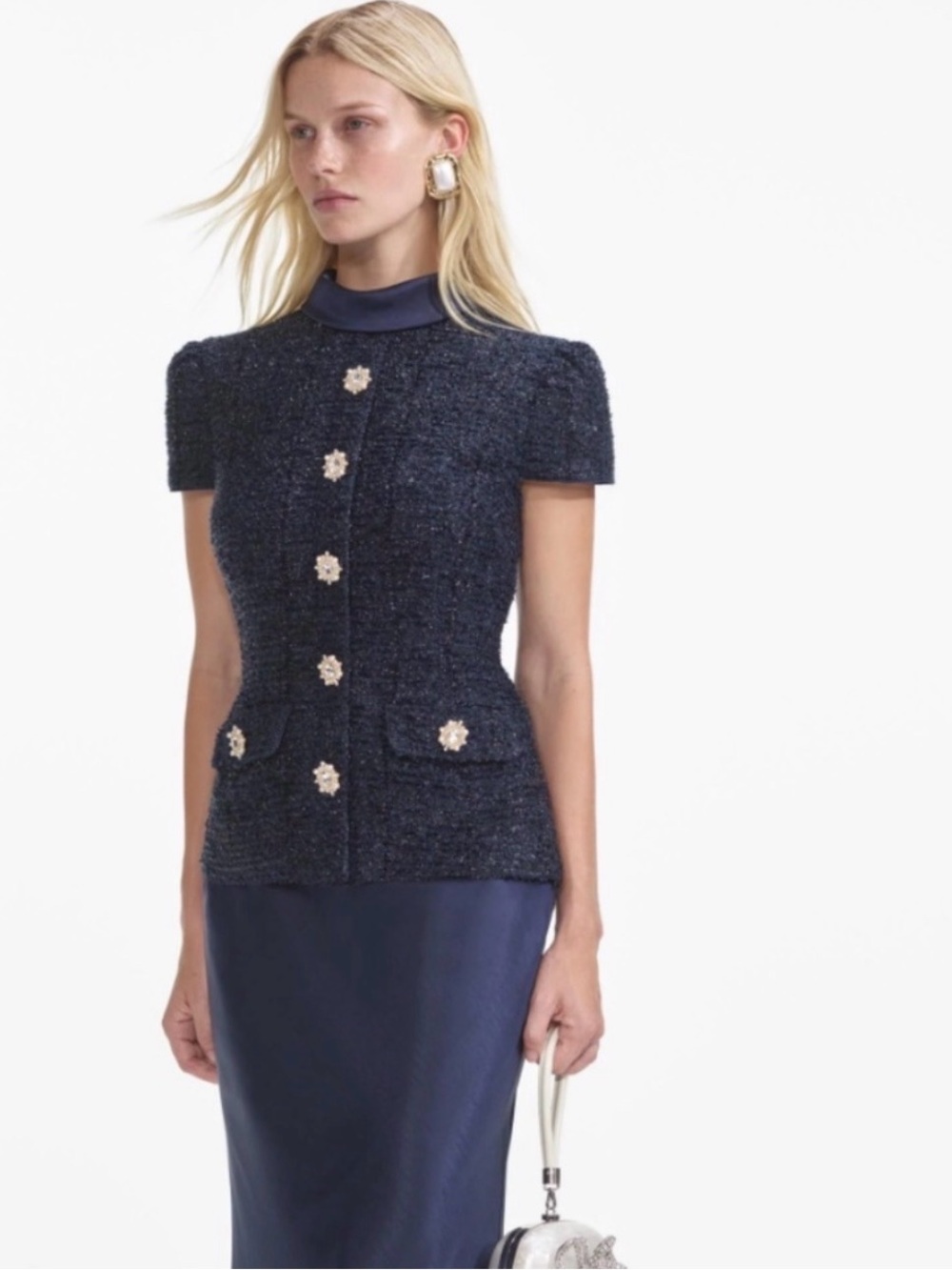 Self-Portrait Navy Blue Tweed Short-Sleeve Jacket Dress